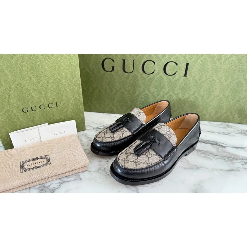 NWT Gucci 673817 Mens GG Logo Leather Loafers Shoes Black/Beige Gucci 5.5